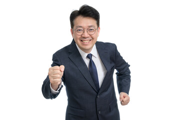 White background and gestures of an Asian middle-aged businessman.