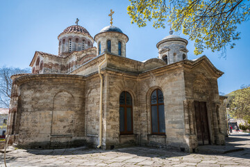 View of the ancient Church of St. John the Baptist built in the 6th century in the city of Kerch on the Crimean Peninsula. A historical example of Byzantine architecture with a cross-domed layout