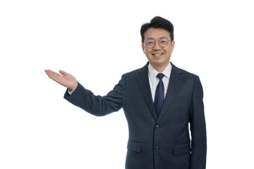 White background and gestures of an Asian middle-aged businessman.