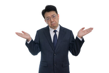 White background and gestures of an Asian middle-aged businessman.