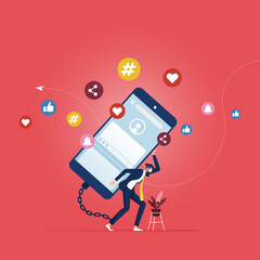 Social networks and internet addiction metaphor concept, Smartphone, internet, technology addiction, Businessman chained to smartphone with social network on screen