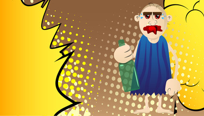 Cartoon caveman holding a bottle. Vector illustration of a man from the stone age.