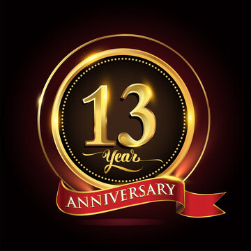 13th years celebration anniversary logo with golden ring and red ribbon.