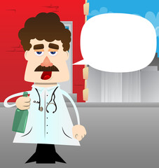 Funny cartoon doctor holding a bottle. Vector illustration.
