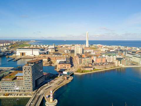 Aerial view of the west harbor area with the Turning Torso skyscraper in Malmo, Sweden
