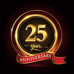 25th years celebration anniversary logo with golden ring and red ribbon.