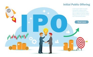 Businessman shake hands with IPO , Initial Public Offering.  Idea for startup company raising funds and money in forex, stock exchange market, financial investment and stock trading concept.