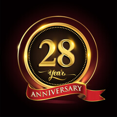 28th years celebration anniversary logo with golden ring and red ribbon.