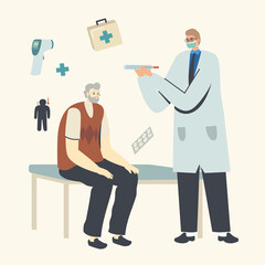 Senior Male Character Visiting Hospital with Flu or Coronavirus Symptoms Medic Measuring Temperature with Thermometer