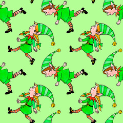 Seamless pattern with Christmas elves. New year Xmas watercolor hand drawn backgrounds and textures. For greeting cards, wrapping paper, packaging, textile, fabric, prints