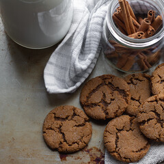 Ginger snap cookies with milk in milk bottle with cinnamon sticks