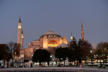 Fototapeta na wymiar View of the night Hagia Sophia (Hagia Sophia mosque) from Sultanahmet square. Istanbul. Turkey