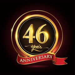 46th years celebration anniversary logo with golden ring and red ribbon.