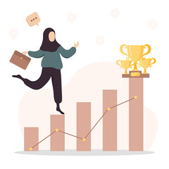 Cartoon vector illustration of business and education concept. Business woman climbing the career ladder. Islamic girl in hijab goes to her goal. Flat style.