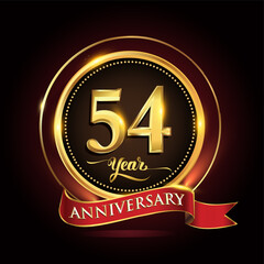 54th years celebration anniversary logo with golden ring and red ribbon.