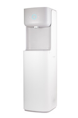 Modern technology concept. New water cooler format. A glass of pouring water. Touch panel with glowing indicator.