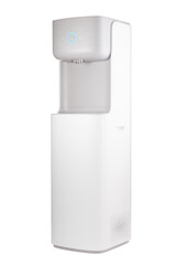 Modern technology concept. New water cooler format. A glass of pouring water. Touch panel with glowing indicator.