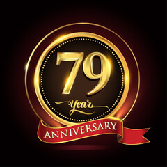 79th years celebration anniversary logo with golden ring and red ribbon.