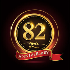 82nd years celebration anniversary logo with golden ring and red ribbon.