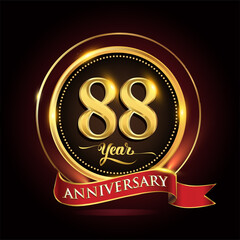 88th years celebration anniversary logo with golden ring and red ribbon.