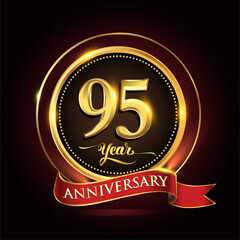 95th years celebration anniversary logo with golden ring and red ribbon.