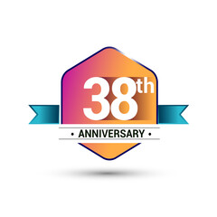 38th anniversary celebration isolated in colorful hexagon shape and blue ribbon colored, vector design.