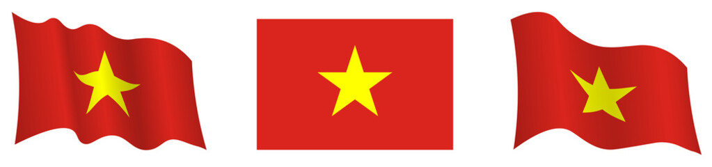 flag of republic of Vietnam in static position and in motion, developing in wind in exact colors and sizes, on white background