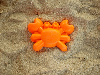 Fototapeta na wymiar Plastic sea animal mold toys. Favorite toys for kids activity on sand.