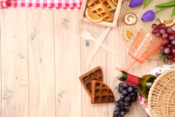 Top view picnic set on wood table background and space for text