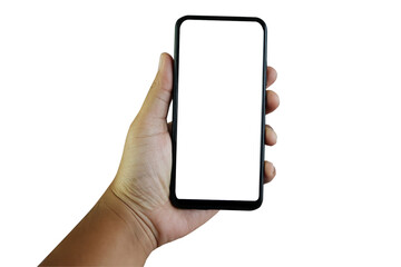 The hand are holding a smartphone with  white screen on white background. Smartphone on hand with clipping path.