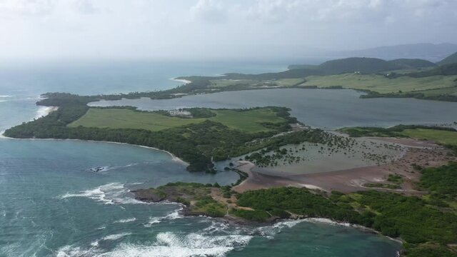 Large aerial view of the Savane des petrifications Sainte Anne Martinique south les Salines pond semi arid climate 