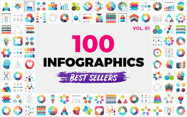 Fototapeta na wymiar 100 Best-Selling Vector Infographic Elements - set 1. Presentation slide templates. Perfect for any industry from social media and startups to ecology and creative thinking.