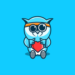 cute owl holding heart icon illustration, premium animal cartoon concept, suitable for stickers, products, etc.