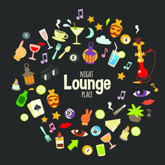 accessories of night club theme items: wine, candle, cocktails, hookah and billiards balls icons set, cartoon doodle style, vector illustration art.