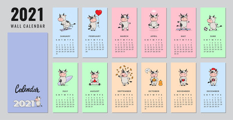 Wall calendar design template for 2021, the year of the Ox, cow, or bull according to the Chinese calendar. Set of 12 pages and cover with a cute bull. Vector stock flat illustration