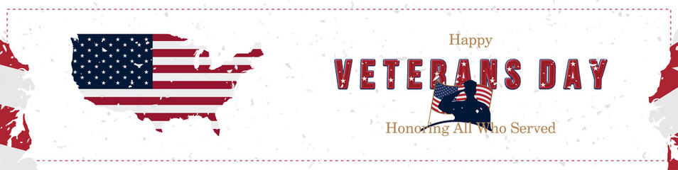 Happy Veterans Day. Greeting card with USA flag and soldiers on background with texture. National American holiday event. Flat vector illustration EPS10