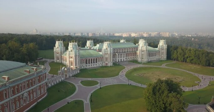 4K high quality sunny spring day aerial video footage of famous Moscow Tsaritsyno Estate built during rein of Czarina Katherine 2 The Great with panorama of green park in the capital of Russia