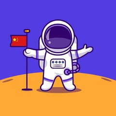 astronauts landing on the moon carrying the chinese flag, products, etc.