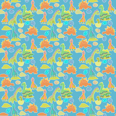 Cute childish illustration with dinosaurs, seamless pattern for printing on textiles and paper