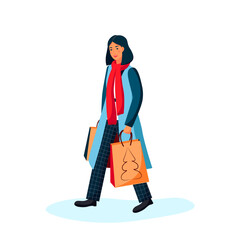 Happy young girl makes shopping for the holidays in a snowy winter day. Vector illustration.