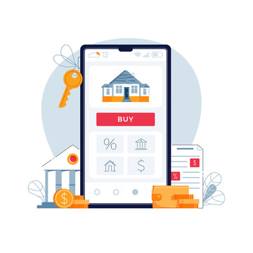Buying a house online. Concept of mortgage online, purchase of new home. House, bank building, loan contract, house keys, Buy button on phone screen. Vector illustration isolated on white, flat design