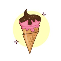 Vector graphic illustration of pink ice cream with chocolate jam and served with a waffle cone