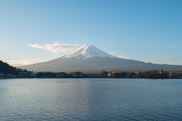 Fujisan Mountain the highest mountain in Japan with view of lake Kawagushiko