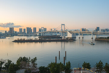 Panorama view of Tokyo Bay at sunset in Tokyo city, Japan