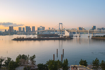 Sunset view of Odaiba in Tokyo city, Japan