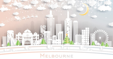Melbourne Australia City Skyline in Paper Cut Style with Snowflakes, Moon and Neon Garland.