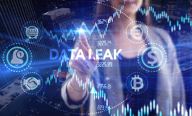 Business, Technology, Internet and network concept. Young businessman working on a virtual screen of the future and sees the inscription: Data leak