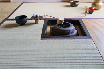 Matcha tea ceremony utensils in the Japanese tatami tea room