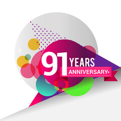 91st Years Anniversary logo with colorful geometric background, vector design template elements for your birthday celebration.