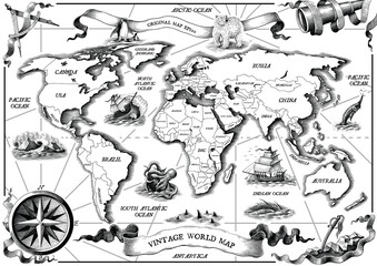 Fototapety  Vintage old world map hand draw engraving style black and white clip art isolated on white background